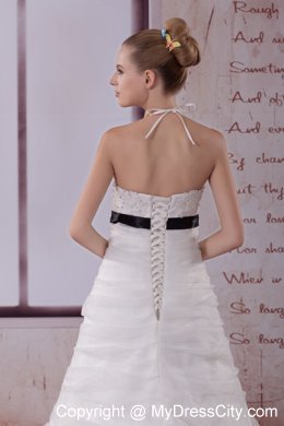 Dramatic White Halter Top Brush Train A-Line Appliques Wedding Dress