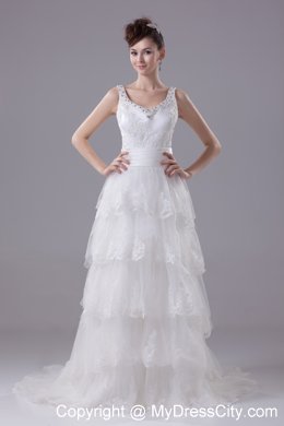 Slinky Lace Brush Train Column Scoop Wedding Dress with Ruffled Layers