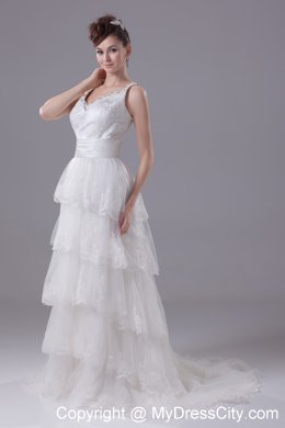 Slinky Lace Brush Train Column Scoop Wedding Dress with Ruffled Layers