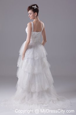 Slinky Lace Brush Train Column Scoop Wedding Dress with Ruffled Layers
