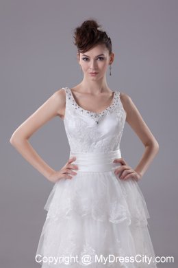 Slinky Lace Brush Train Column Scoop Wedding Dress with Ruffled Layers