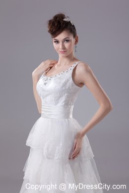 Slinky Lace Brush Train Column Scoop Wedding Dress with Ruffled Layers