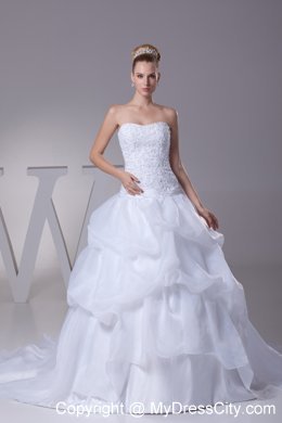 Newest Lace and Pick Up Strapless Court Train A-Line Wedding Dress