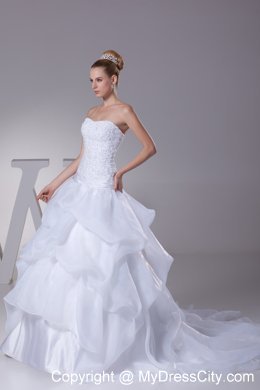 Newest Lace and Pick Up Strapless Court Train A-Line Wedding Dress