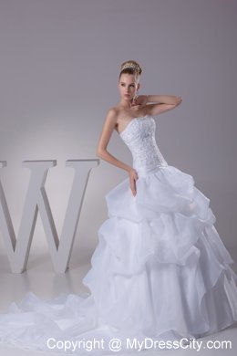 Newest Lace and Pick Up Strapless Court Train A-Line Wedding Dress