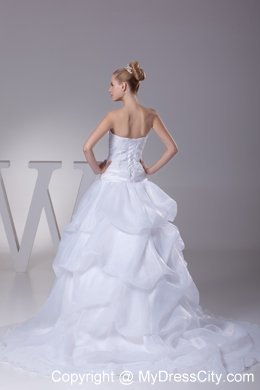 Newest Lace and Pick Up Strapless Court Train A-Line Wedding Dress