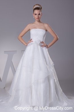 Hot White Strapless Court Train A-Line Beaded Wedding Dress Zipper Back