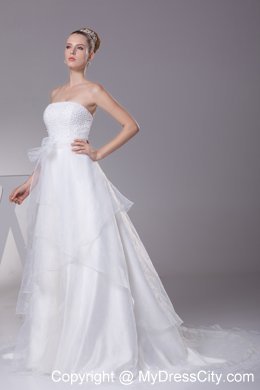 Hot White Strapless Court Train A-Line Beaded Wedding Dress Zipper Back