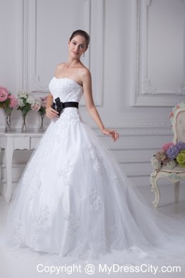 Appliqued Sweetheart Court Train A-Line Wedding Gowns with Black Sash