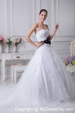 Appliqued Sweetheart Court Train A-Line Wedding Gowns with Black Sash
