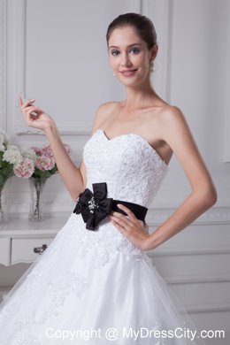 Appliqued Sweetheart Court Train A-Line Wedding Gowns with Black Sash