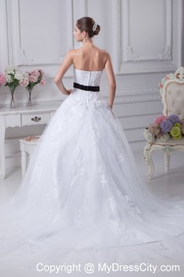 Appliqued Sweetheart Court Train A-Line Wedding Gowns with Black Sash