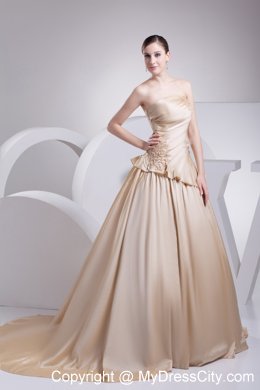 Formal Champagne A-Line Strapless Appliques Chapel Train Wedding Dress