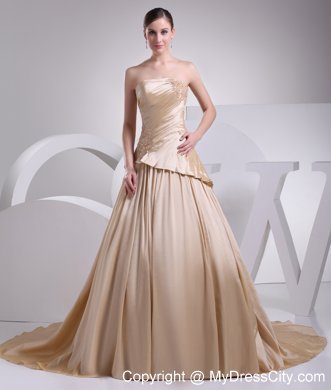 Formal Champagne A-Line Strapless Appliques Chapel Train Wedding Dress