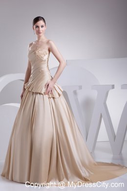 Formal Champagne A-Line Strapless Appliques Chapel Train Wedding Dress