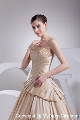 Formal Champagne A-Line Strapless Appliques Chapel Train Wedding Dress