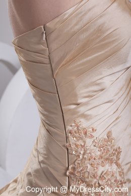 Formal Champagne A-Line Strapless Appliques Chapel Train Wedding Dress