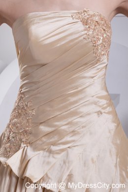 Formal Champagne A-Line Strapless Appliques Chapel Train Wedding Dress