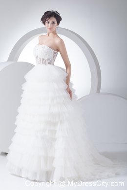 Strapless Court Train Ruffled 2013 A-Line Wedding Dress with Sheer Waist