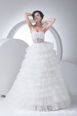Strapless Court Train Ruffled 2013 A-Line Wedding Dress with Sheer Waist