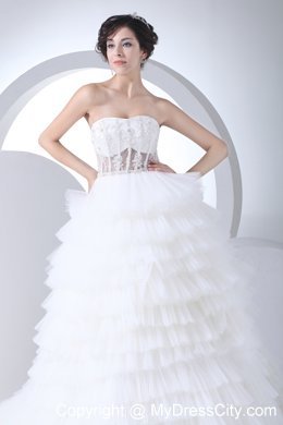 Strapless Court Train Ruffled 2013 A-Line Wedding Dress with Sheer Waist