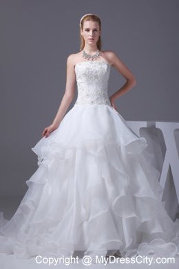 Best seller Strapless Appliques and Beading Ruffled A-line Wedding Gown