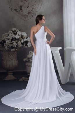 Plus Size Empire One Shoulder Court Train Flowery Chiffon Wedding Dress