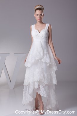 Impressive High-low A-line Lace Bridal Gown with Wide Straps and Ruffles