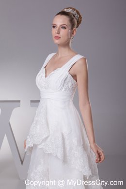 Impressive High-low A-line Lace Bridal Gown with Wide Straps and Ruffles