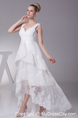 Impressive High-low A-line Lace Bridal Gown with Wide Straps and Ruffles