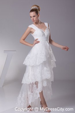 Impressive High-low A-line Lace Bridal Gown with Wide Straps and Ruffles