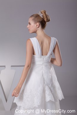 Impressive High-low A-line Lace Bridal Gown with Wide Straps and Ruffles