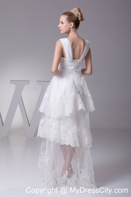 Impressive High-low A-line Lace Bridal Gown with Wide Straps and Ruffles