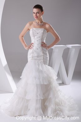 Luxurious Mermaid Beading Ruffled Layers Brush Train Strapless Bridal Dress