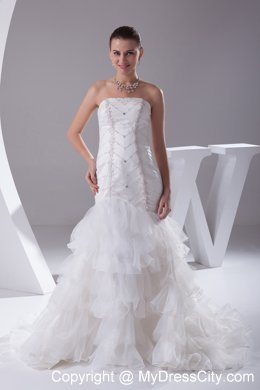 Luxurious Mermaid Beading Ruffled Layers Brush Train Strapless Bridal Dress