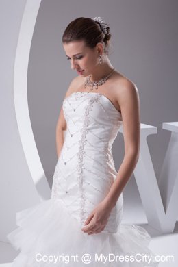 Luxurious Mermaid Beading Ruffled Layers Brush Train Strapless Bridal Dress