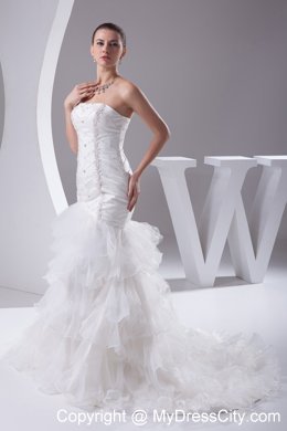 Luxurious Mermaid Beading Ruffled Layers Brush Train Strapless Bridal Dress
