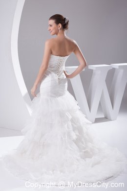 Luxurious Mermaid Beading Ruffled Layers Brush Train Strapless Bridal Dress