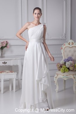 Empire Ruching and Beading Flowery Bridal Gown with Single Shoulder
