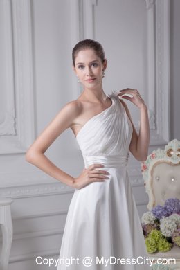 Empire Ruching and Beading Flowery Bridal Gown with Single Shoulder