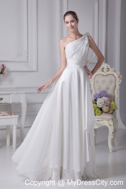 Empire Ruching and Beading Flowery Bridal Gown with Single Shoulder