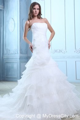 Ruffled Mermaid Strapless Ruches and Flowers Organza Wedding Dress