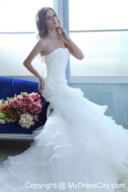 Ruffled Mermaid Strapless Ruches and Flowers Organza Wedding Dress