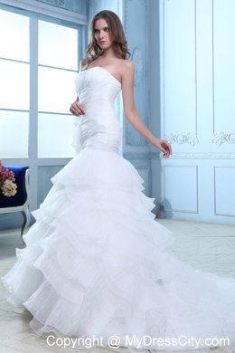 Ruffled Mermaid Strapless Ruches and Flowers Organza Wedding Dress