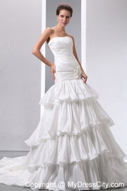 Fave A-line Strapless Taffeta Ruches and Ruffles Bridal Dress with Flowers