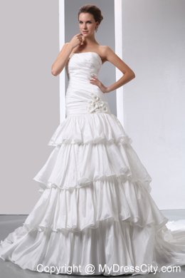 Fave A-line Strapless Taffeta Ruches and Ruffles Bridal Dress with Flowers