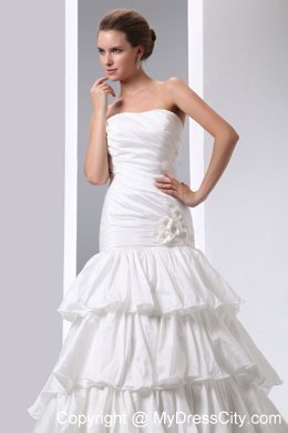 Fave A-line Strapless Taffeta Ruches and Ruffles Bridal Dress with Flowers