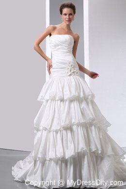 Fave A-line Strapless Taffeta Ruches and Ruffles Bridal Dress with Flowers