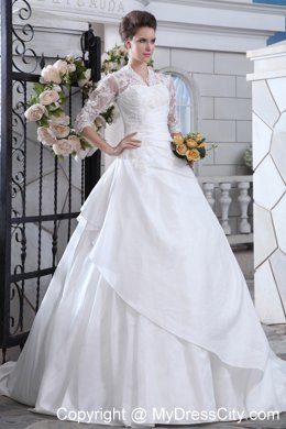 Discounted V-neck Court Train Wedding Gown with Transparent Sleeves