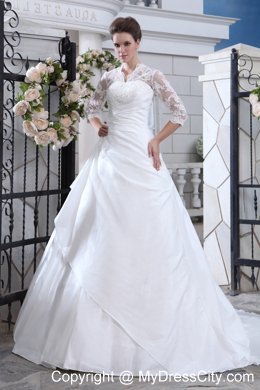 Discounted V-neck Court Train Wedding Gown with Transparent Sleeves